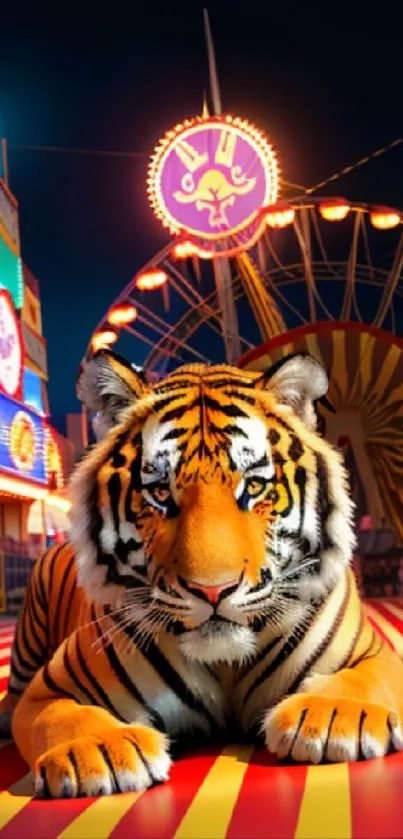 Vibrant tiger at a colorful carnival with a Ferris wheel in the background.