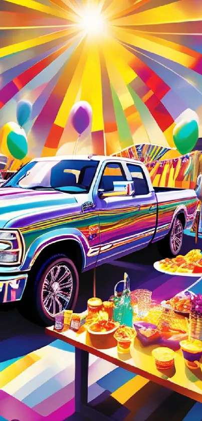 Vibrant carnival scene with truck, balloons, and festive colors.