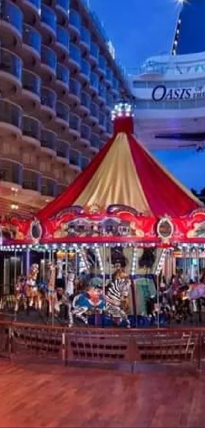 Vibrant carousel on a cruise ship deck at twilight.