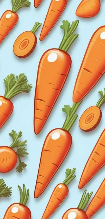 Illustrated carrots pattern on blue background.