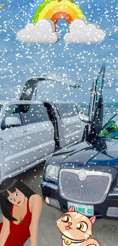 Cartoon style wallpaper with cars, rainbow, and snowflakes.