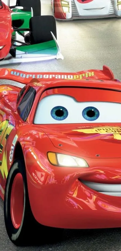 Lightning McQueen leads a race in Cars movie scene wallpaper.