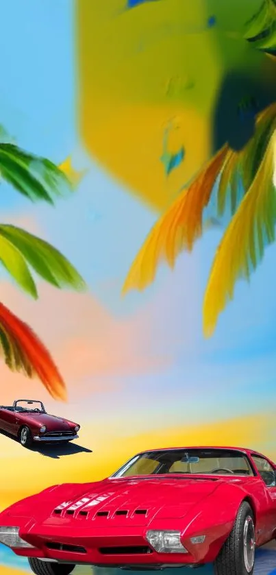 Classic red cars with palm trees and sunset sky in vibrant mobile wallpaper.