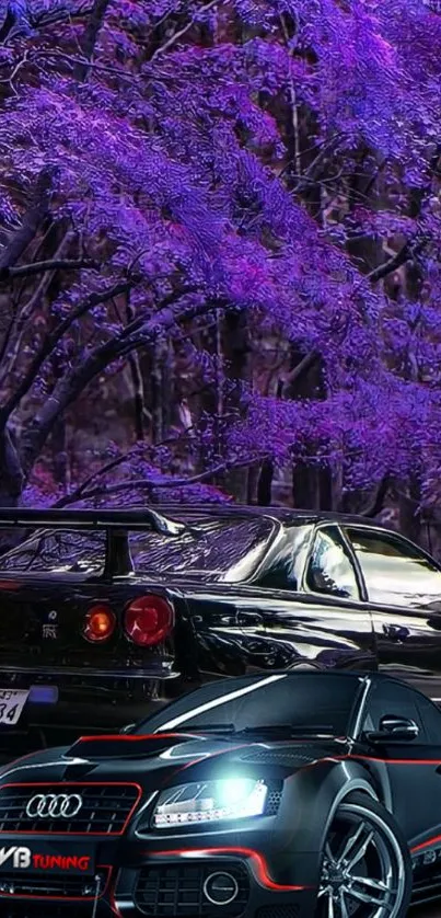 Sleek cars set against vibrant purple forest background.