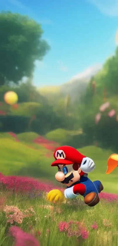Vibrant cartoon adventure landscape with characters on a colorful meadow.