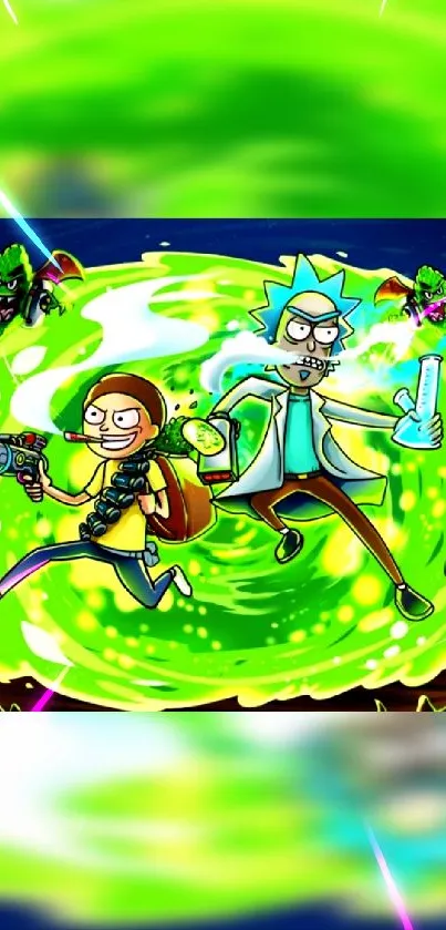 Cartoon characters in a green portal adventure wallpaper.