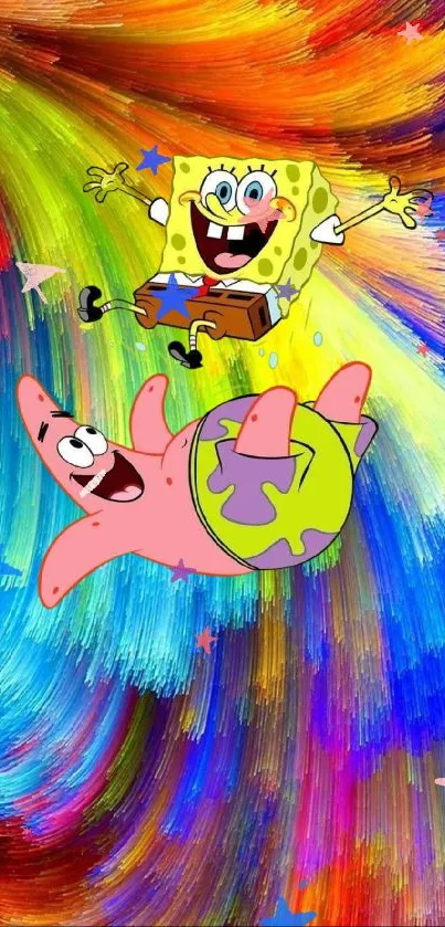 Animated characters in colorful swirl background.