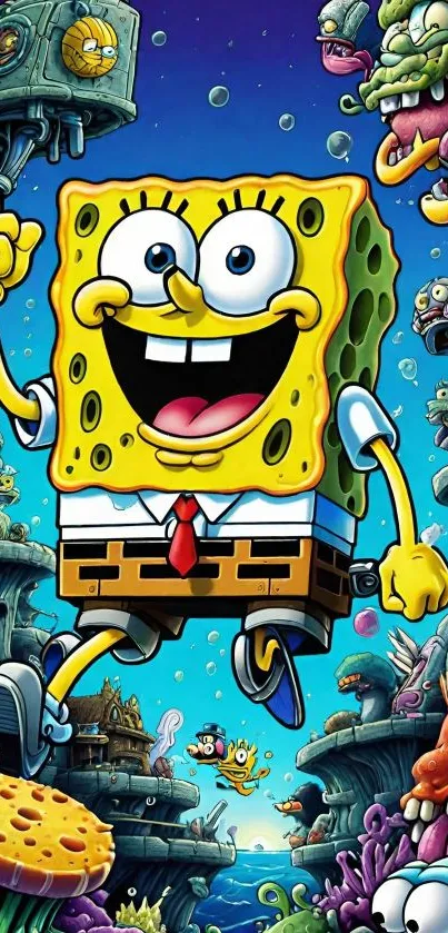 Sponge character undersea adventure wallpaper, vibrant and colorful.