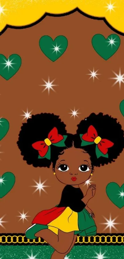 Cartoon girl with afro, vibrant bows, hearts and stars.