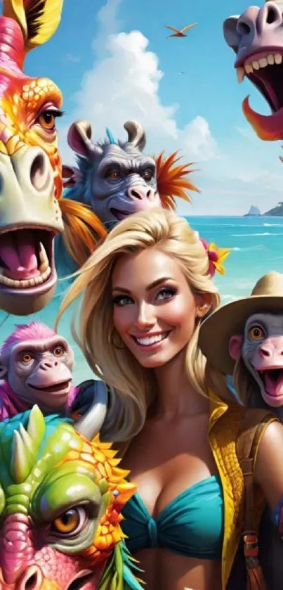 Colorful cartoon beach scene with animals and a smiling character.