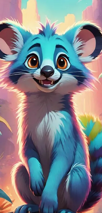Cute blue cartoon animal in a vibrant forest setting.