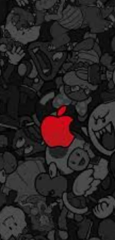 Dark gray cartoon wallpaper with a striking red apple.