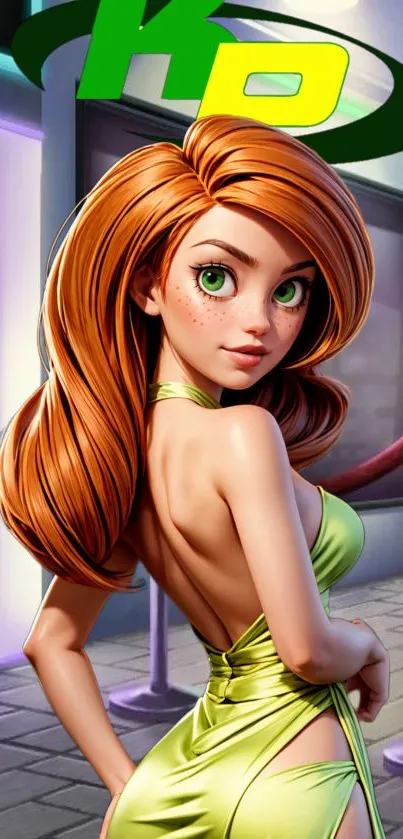 Red-haired cartoon character in vibrant green dress.