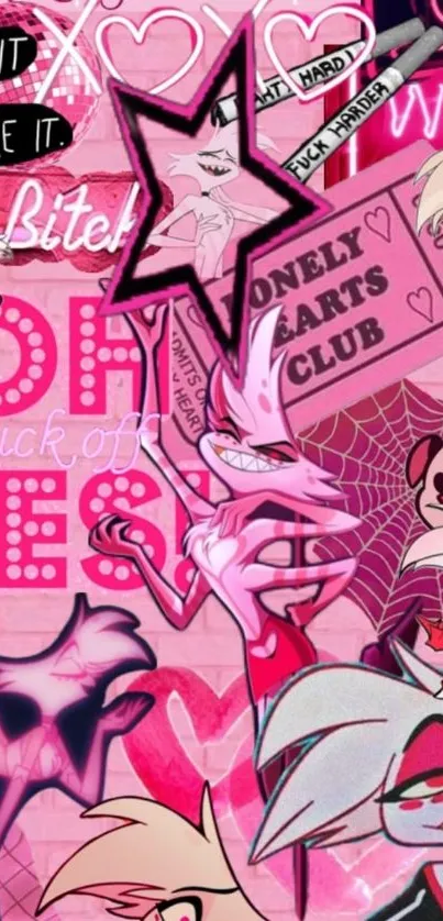 Cartoon-style wallpaper with vibrant pink theme and expressive characters.