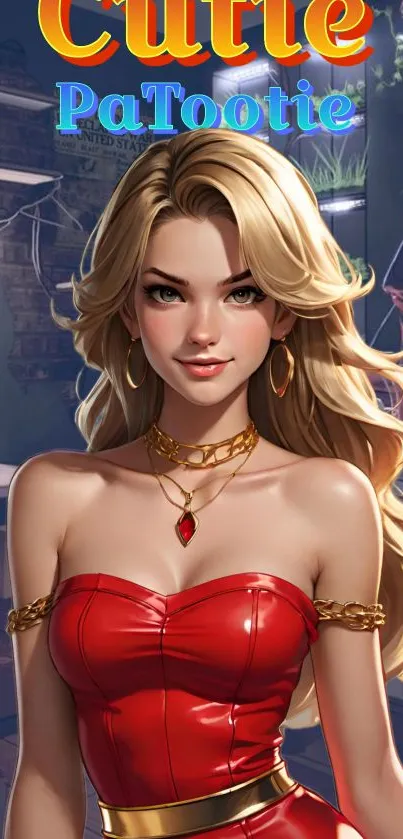 Stylish cartoon character in red dress for mobile wallpaper.