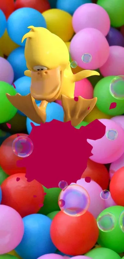 Cartoon character with colorful ball pit background.