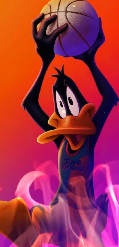 Cartoon duck playing basketball on vibrant orange and purple background.