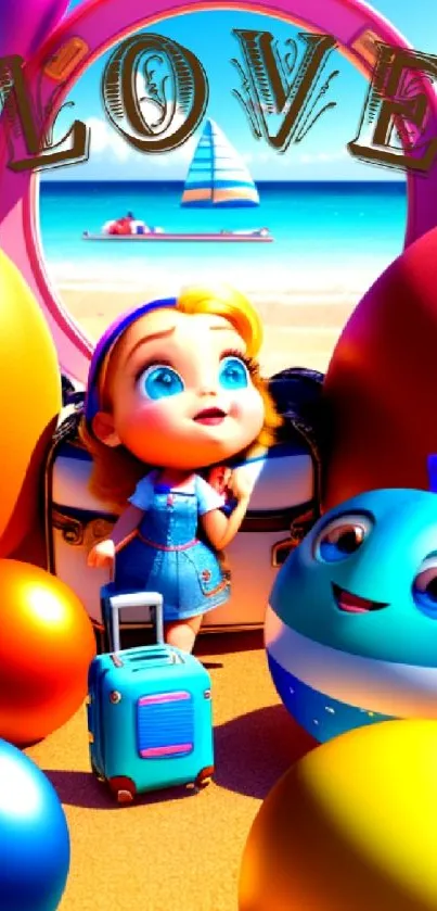 Cartoon beach scene with balloons, girl, and love theme.