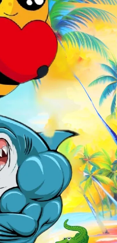 Colorful cartoon wallpaper with bee, shark, and palm trees.