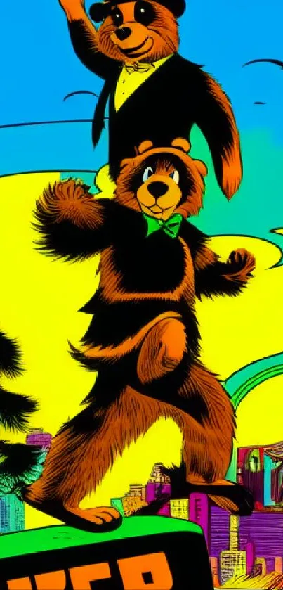 Colorful cartoon bears in vibrant city wallpaper.