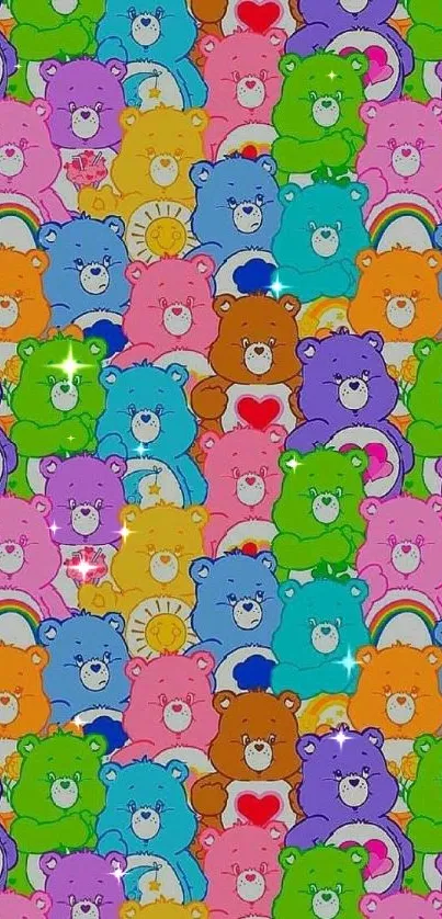 Colorful cartoon bears wallpaper with vibrant pattern.