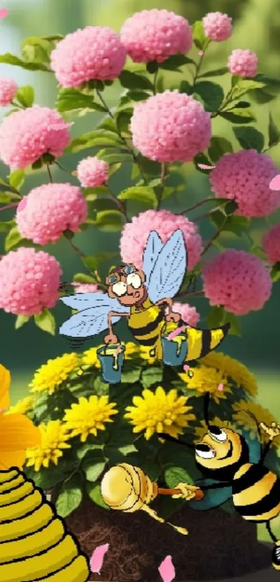 Cartoon bees in a vibrant garden with pink flowers and greenery background.