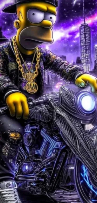 Cartoon biker in a vibrant neon city background.