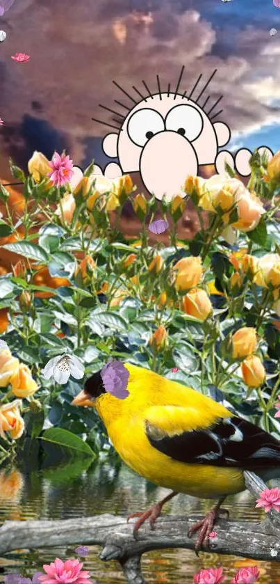 Cartoon bird in a vibrant garden with flowers and clouds.