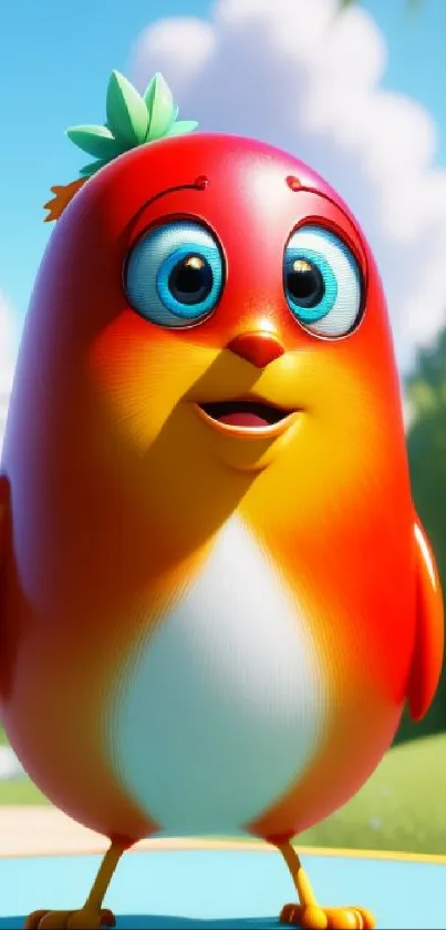 Vibrant cartoon bird with blue eyes in a sunny setting, colorful and playful.