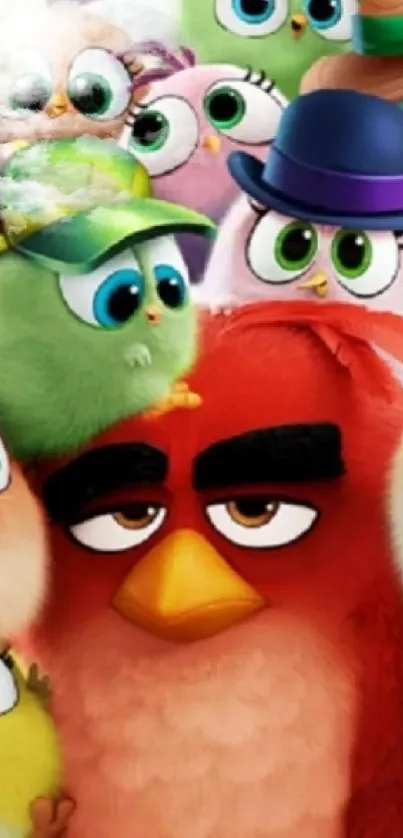 Colorful cartoon birds group wallpaper for mobile.