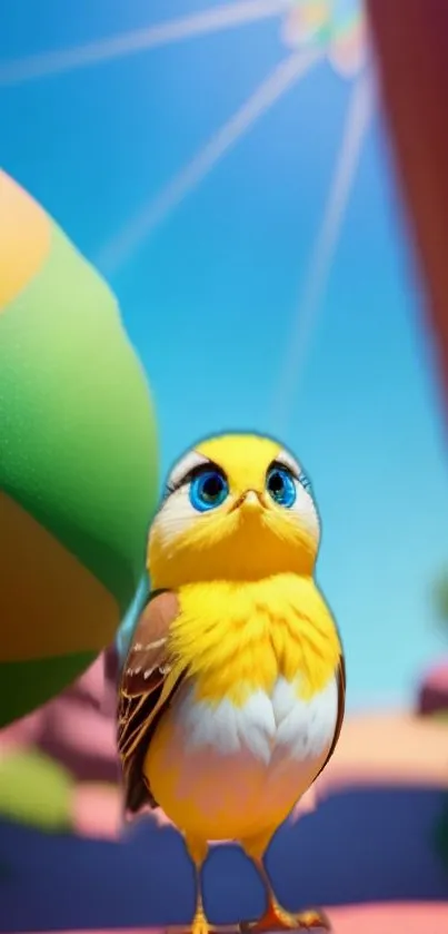 Colorful cartoon bird with blue eyes in a bright landscape.