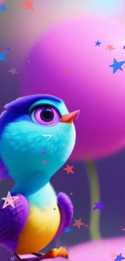 Colorful cartoon bird with vibrant stars on a pink background.