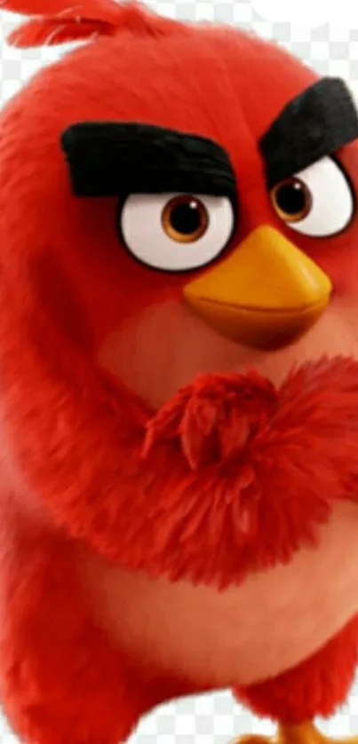 Red cartoon bird character with bold features.