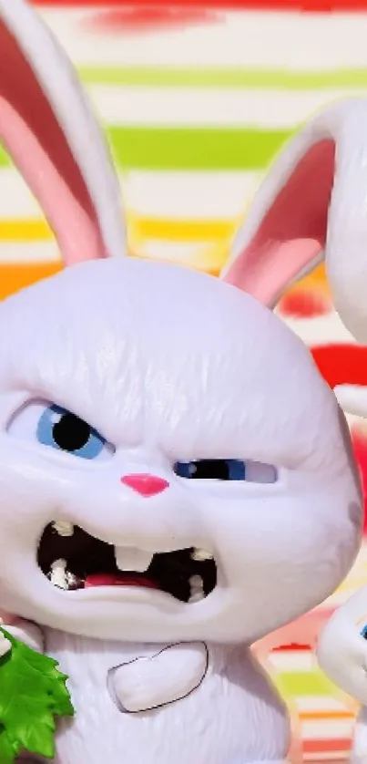 Colorful cartoon bunny with carrot and striped background.