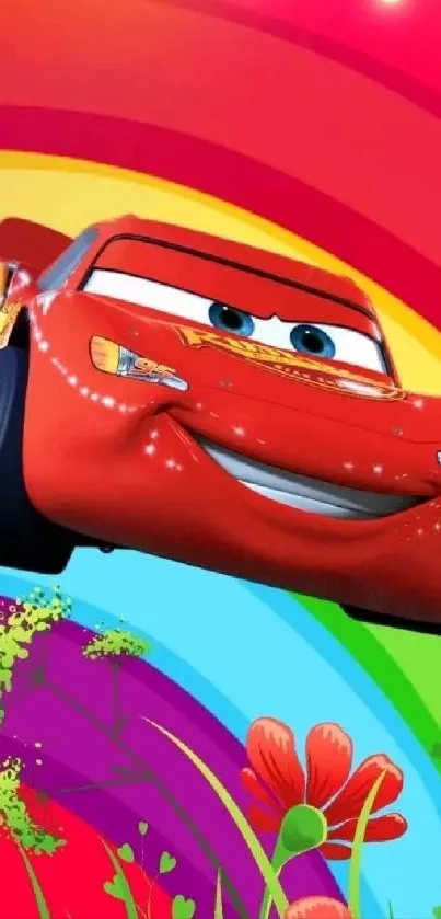 Colorful cartoon car with a rainbow background and flowers.