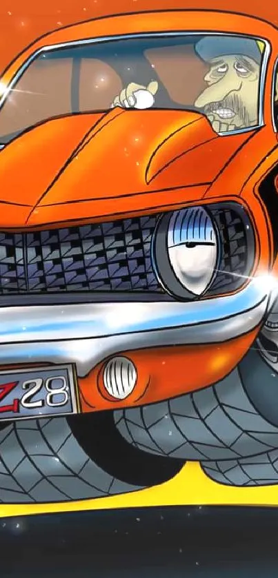 Cartoon car art with a bold orange hot rod design.