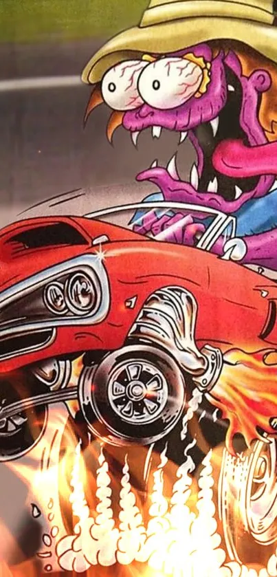 Cartoon character driving a vibrant red car with flames, in a dynamic racing scene.