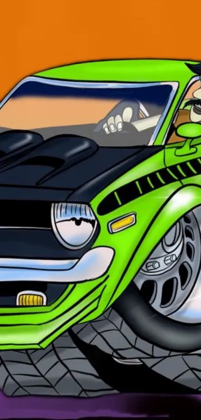 Cartoon-styled green muscle car with a bold, vibrant design.