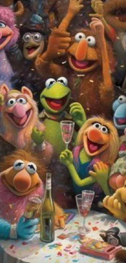 Party of colorful cartoon characters celebrating together.