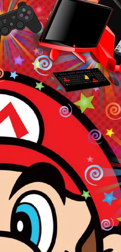 Cartoon character with stars and fireworks on a red background.