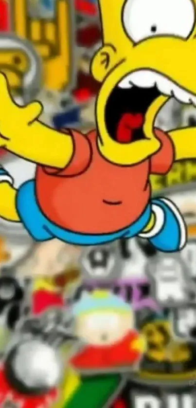 Cartoon character jumping in colorful chaotic background.