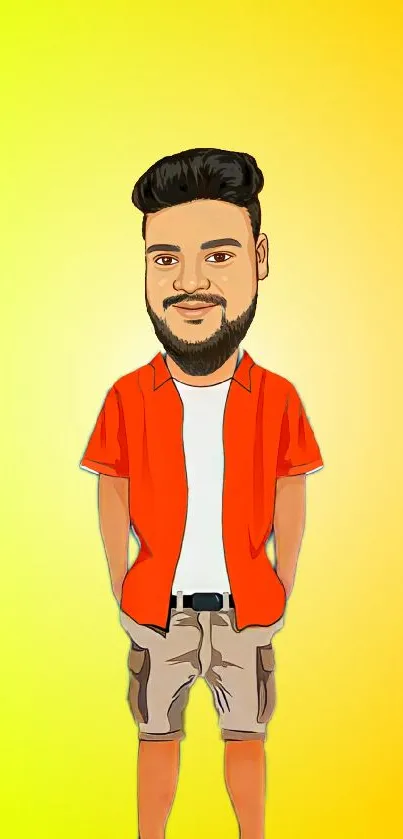 Cartoon character with beard, red shirt, on bright yellow background.