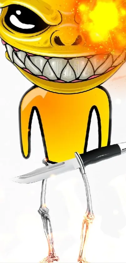 Vibrant cartoon character with knife legs and explosive energy.