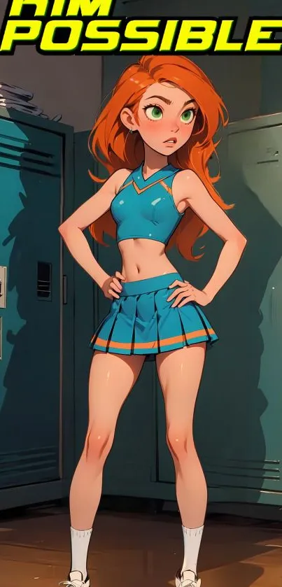 Vibrant red-haired cartoon character in teal outfit by school lockers.