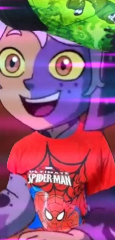 Vibrant cartoon character in Spider-Man shirt.