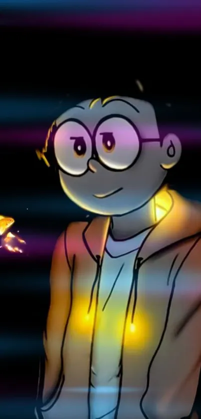 Cartoon character with glowing lights on a dark background.