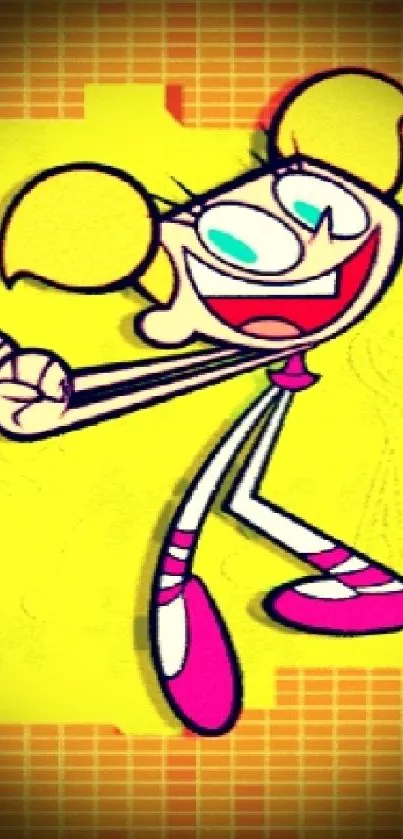 Vibrant cartoon character on yellow background.