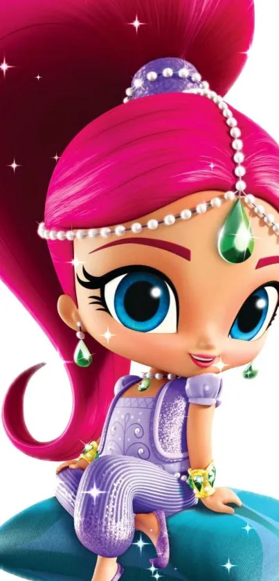 Vibrant cartoon character with magenta hair and green gem accessories.