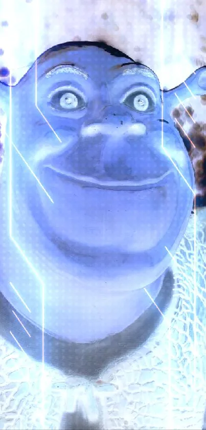 Inverted cartoon character wallpaper with vibrant blue hues.