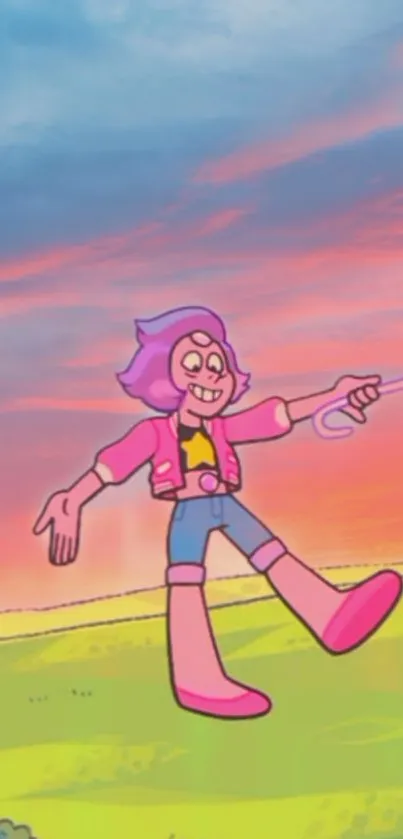 Colorful cartoon character under a pink sunset sky.